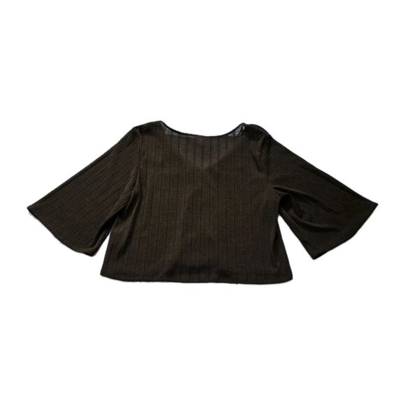 H&M Top Womens L Brown Sheer SS Button Up Knit Ribbed Cropped Relaxed Whimsigoth - Picture 2 of 15